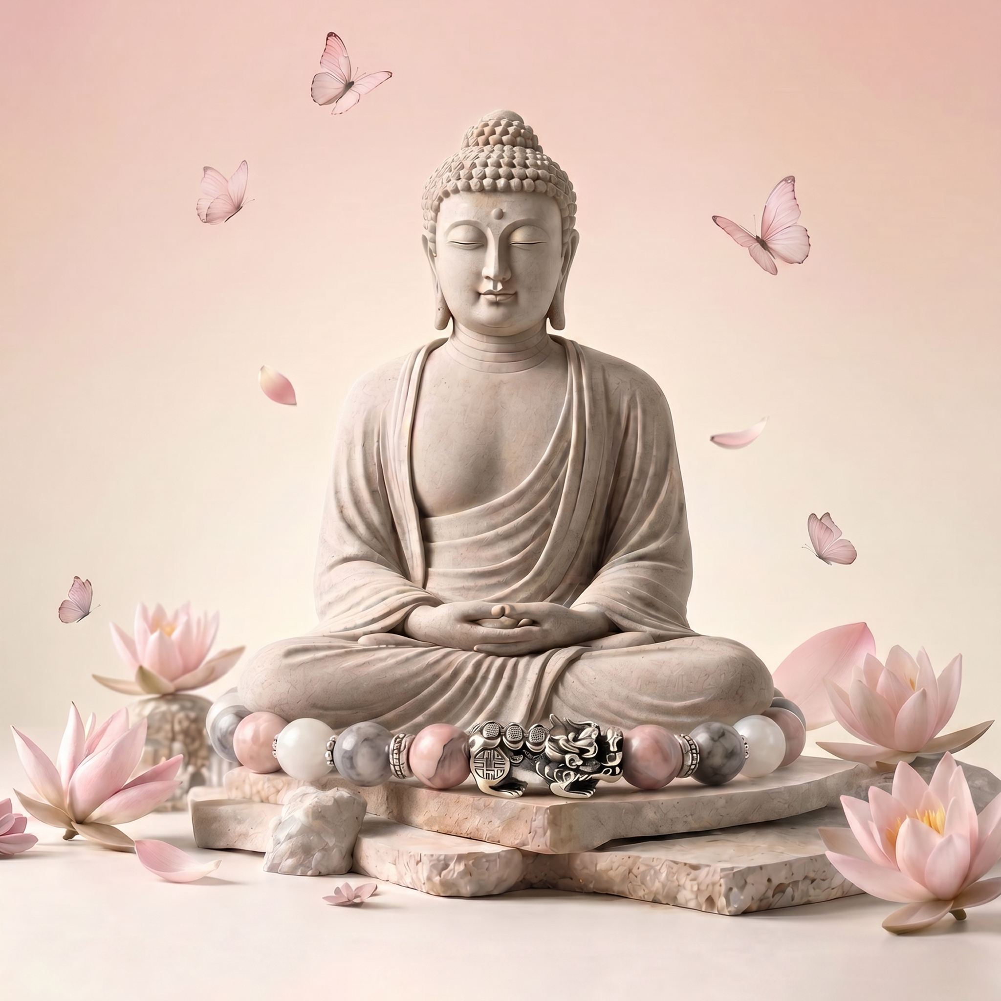 불상과 천연석 염주가 놓인 YEORAESA temple pop-up 비주얼